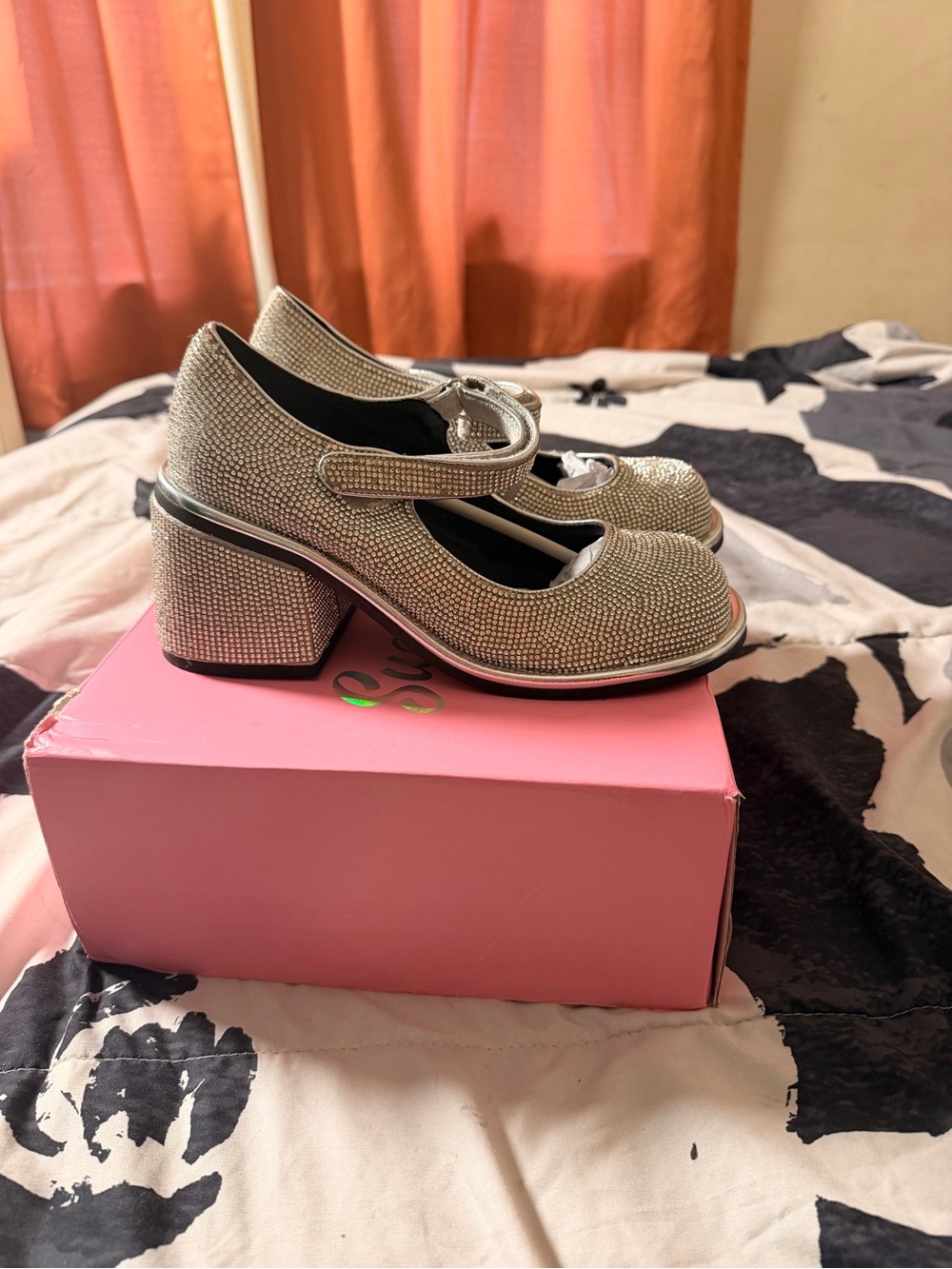 Dolls Kill Silver Crystal Mary Jane Block Heels